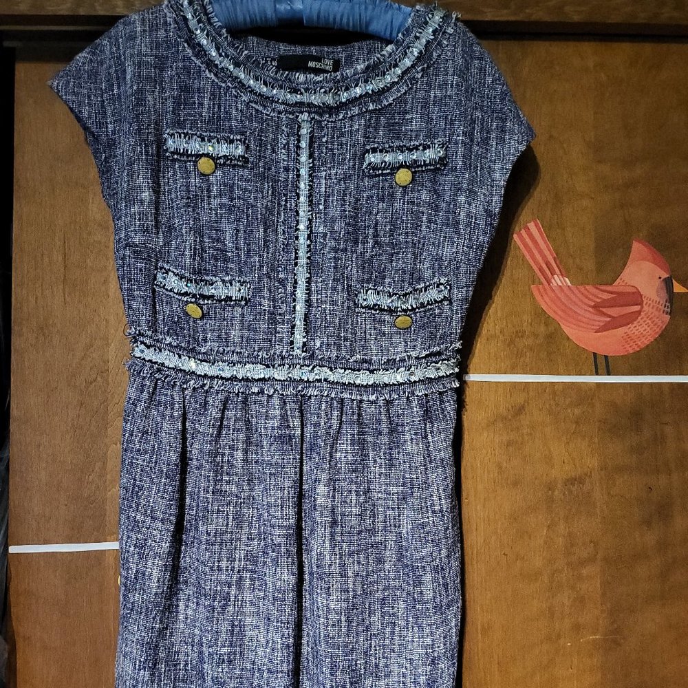 Vintage Designer LOVE MOSCHINO Blue Tweed Fringe and Sequins Dress size 4